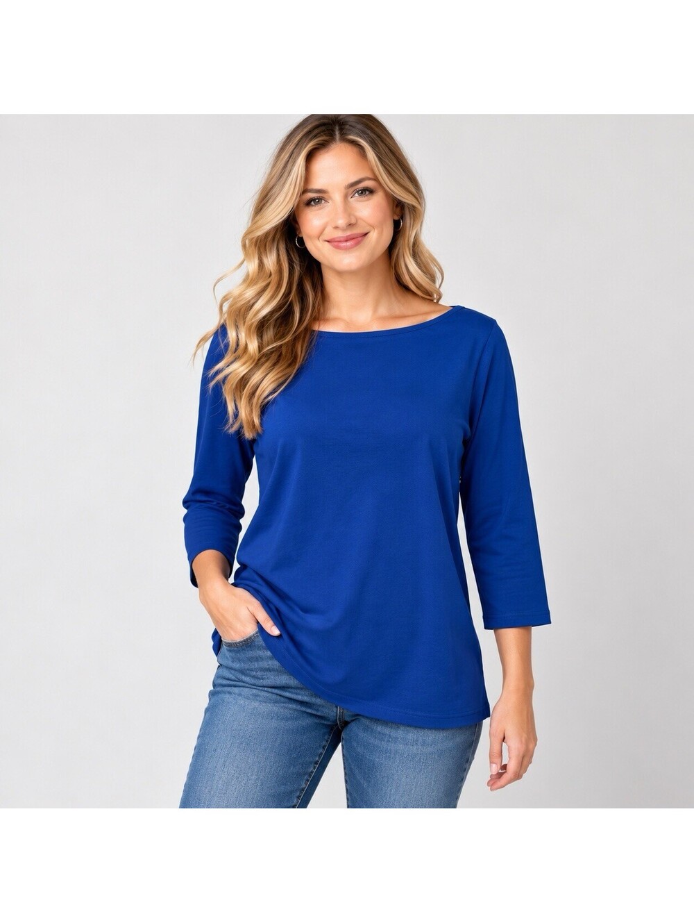 Eddie Bauer Blue Boat Neck Tunic Top Women’s L 3/4 Sleeve Stretch Cotton